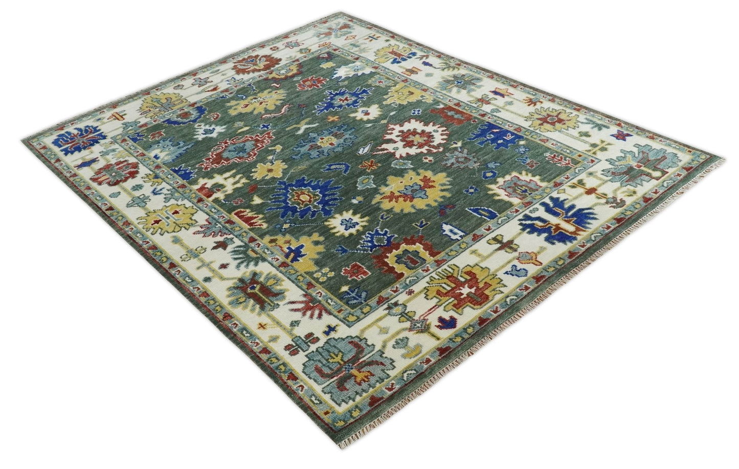Custom Made Green and Ivory Colorful Hand knotted Traditional Oushak wool Area Rug