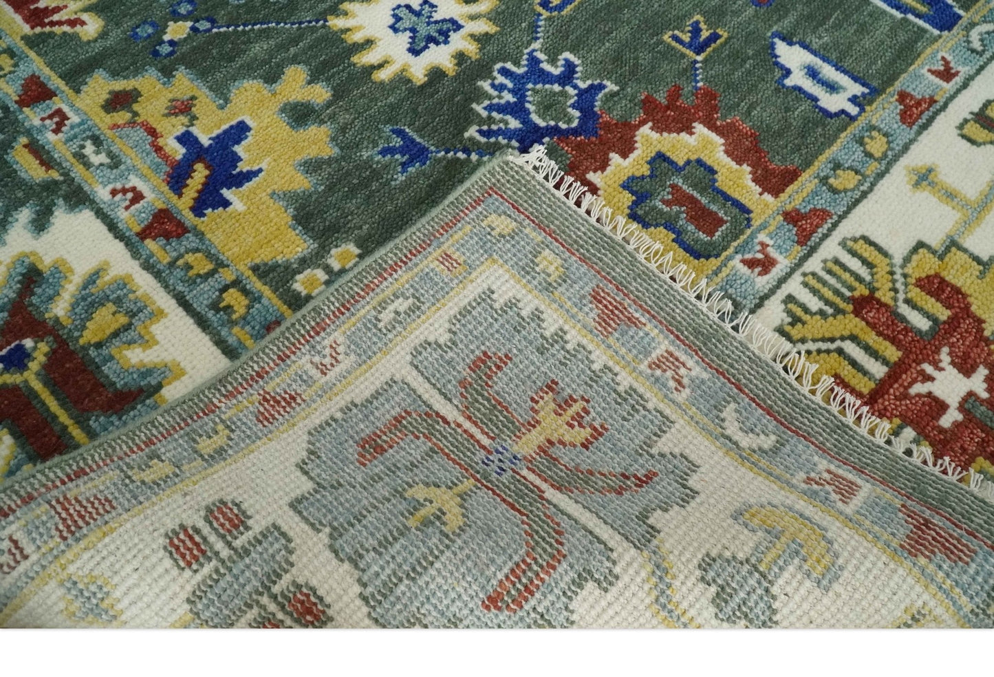 Custom Made Green and Ivory Colorful Hand knotted Traditional Oushak wool Area Rug