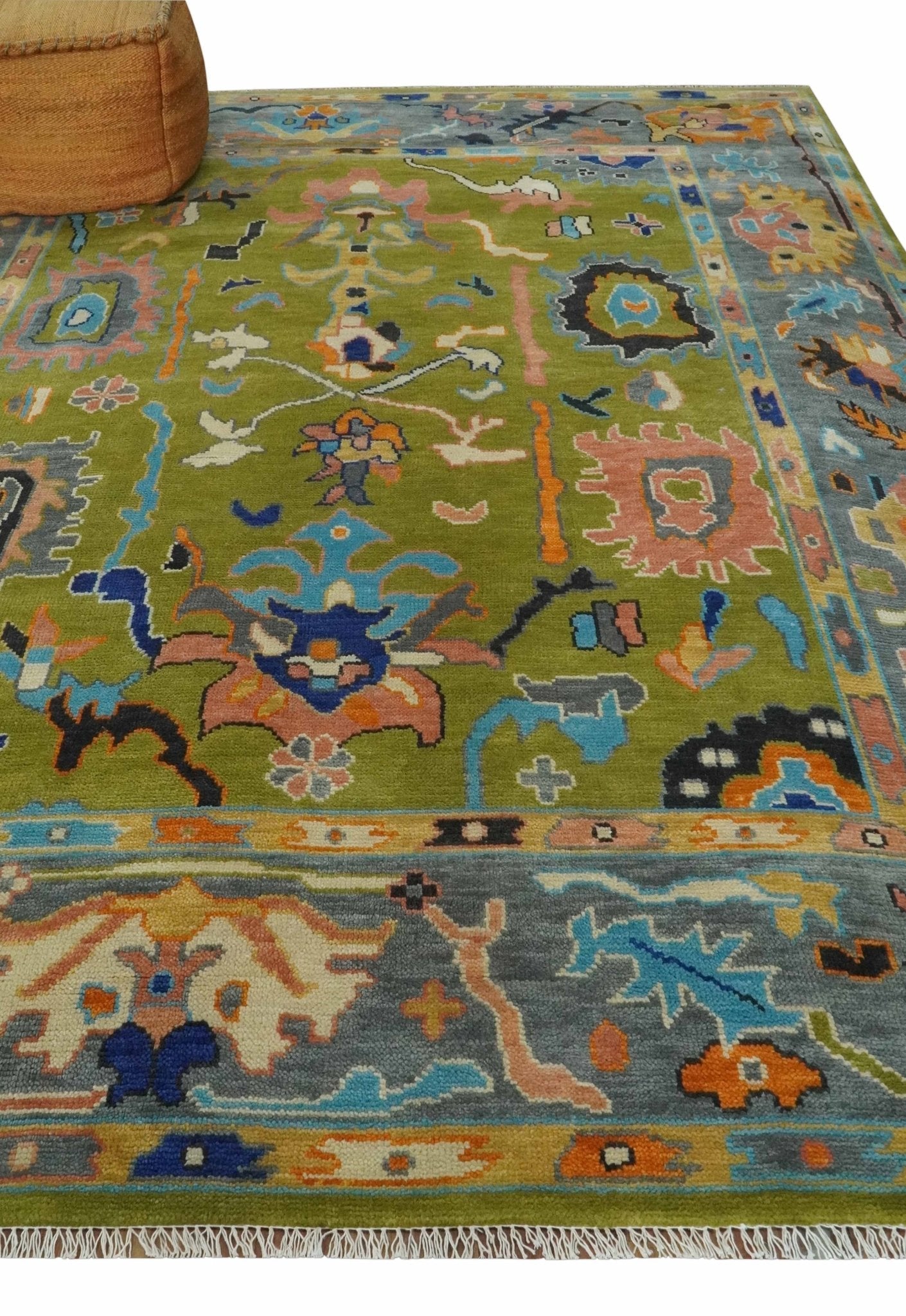 Custom Made Green, Gray and Peach Colorful Hand knotted Traditional Oushak wool Area Rug