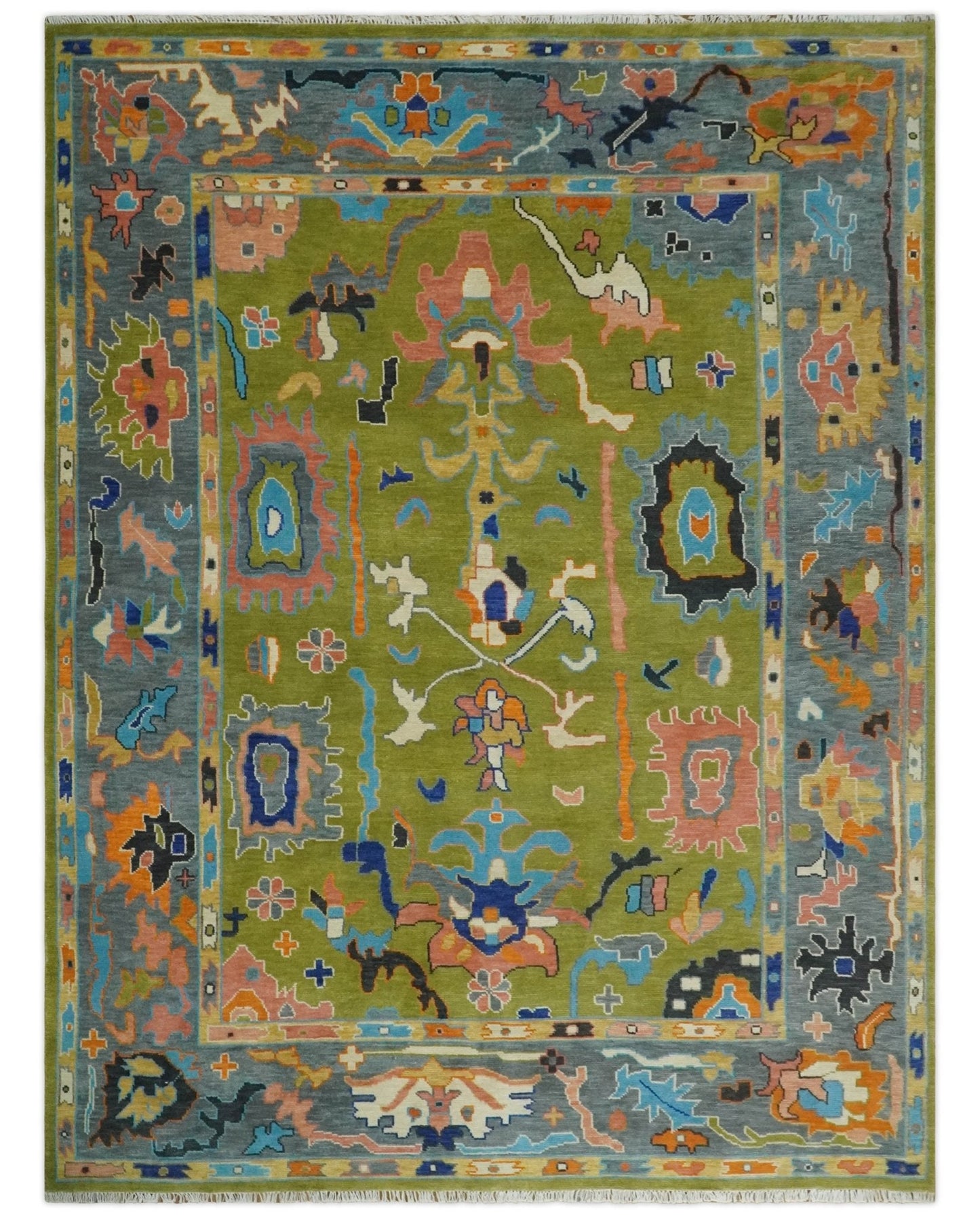 Custom Made Green, Gray and Peach Colorful Hand knotted Traditional Oushak wool Area Rug