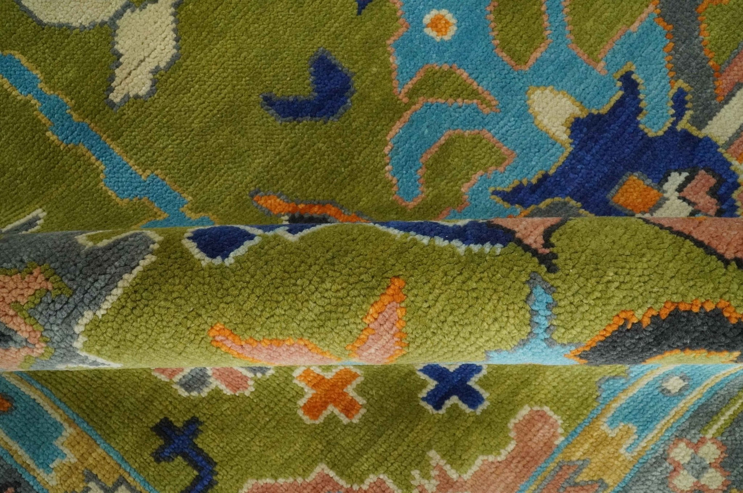 Custom Made Green, Gray and Peach Colorful Hand knotted Traditional Oushak wool Area Rug