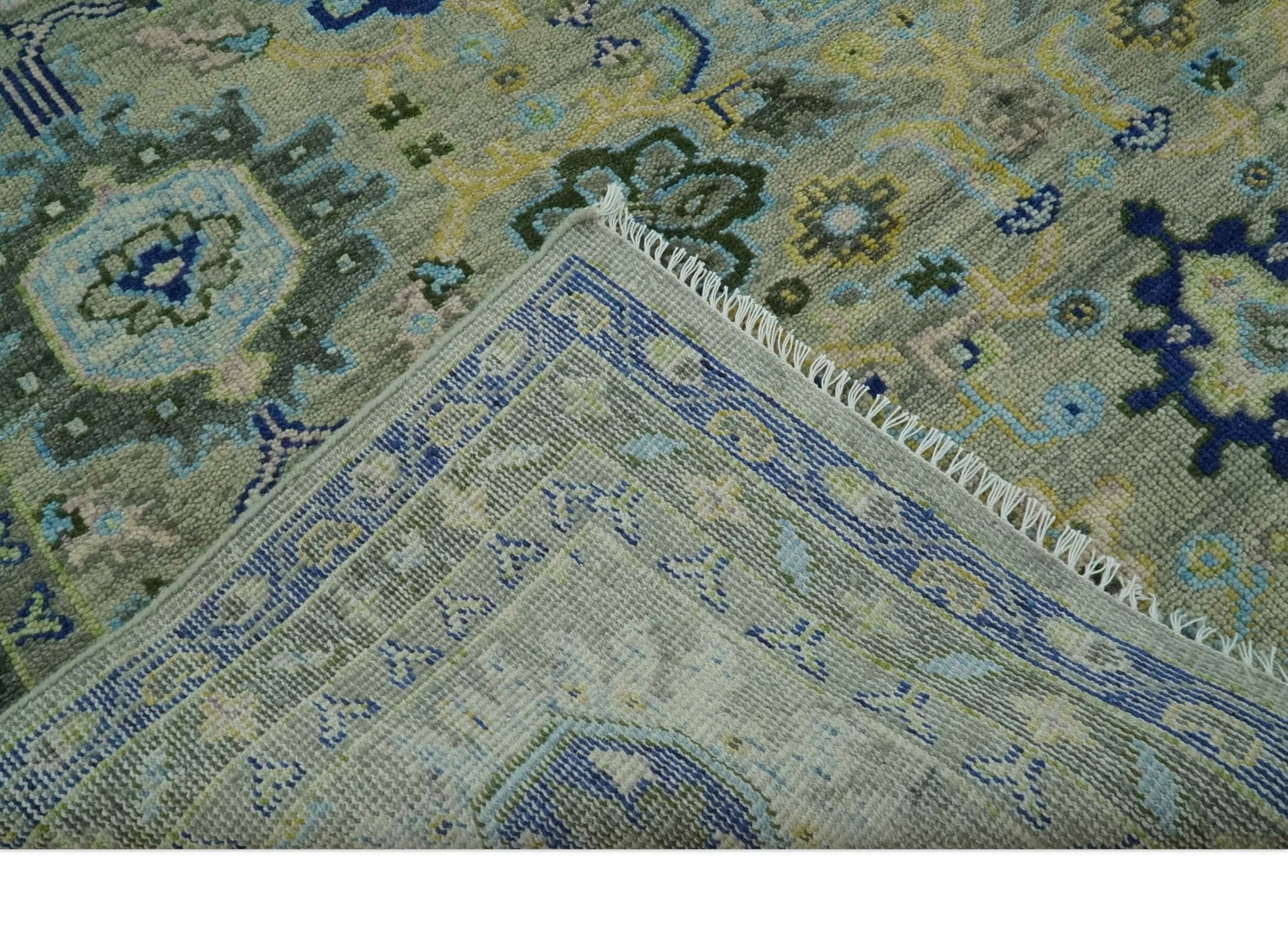 Custom Made Green, Grey and Mustard Hand Knotted Traditional Oushak wool area rug