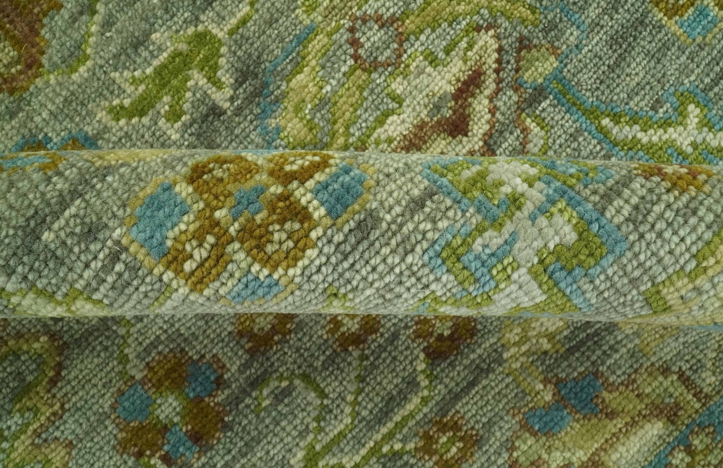 Custom Made Green Hand Knotted Antique Design Traditional Oushak wool area rug