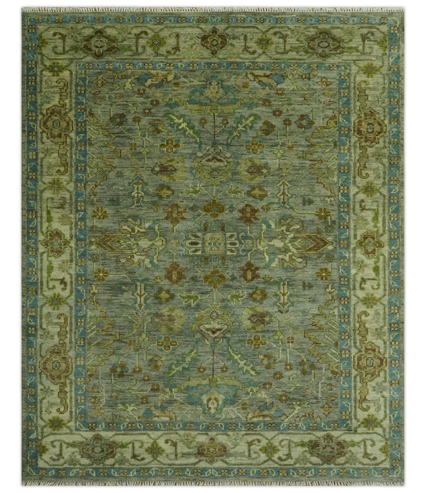 Custom Made Green Hand Knotted Antique Design Traditional Oushak wool area rug