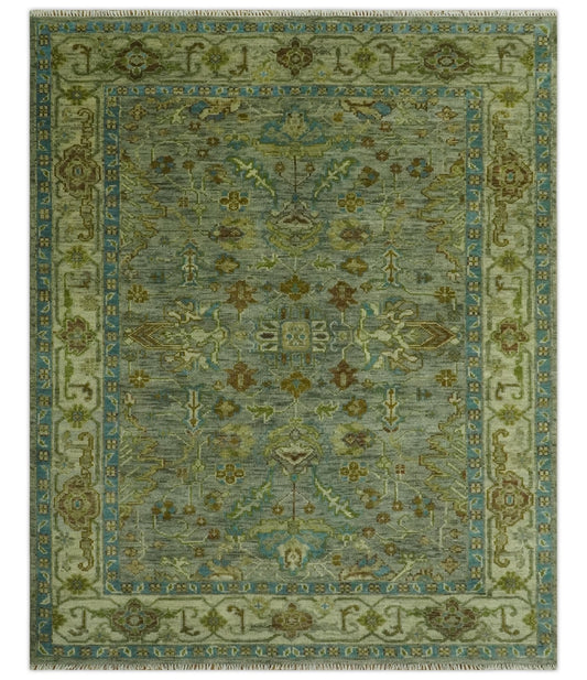 Custom Made Green Hand Knotted Antique Design Traditional Oushak wool area rug