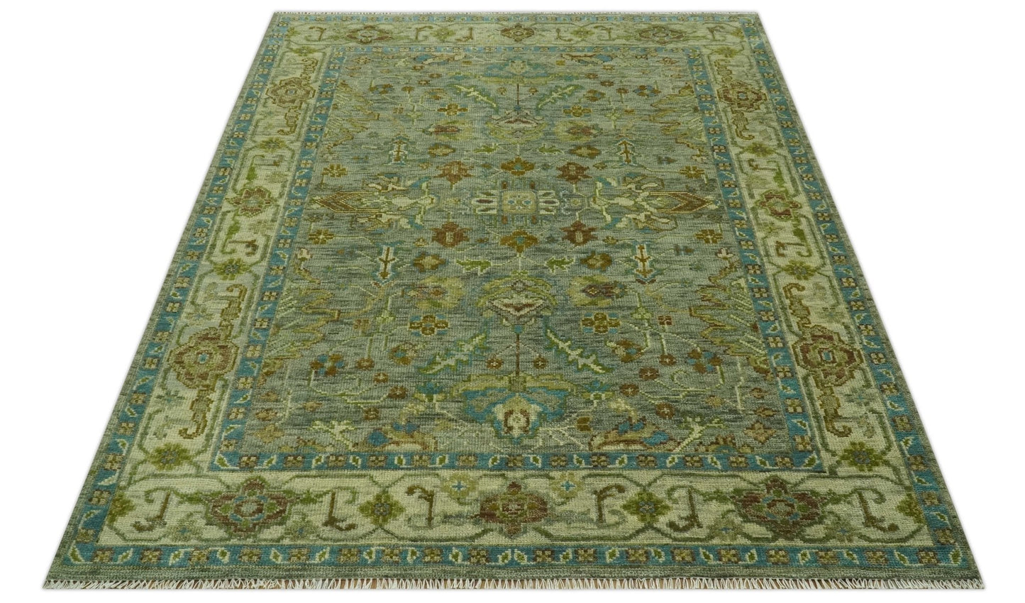 Custom Made Green Hand Knotted Antique Design Traditional Oushak wool area rug