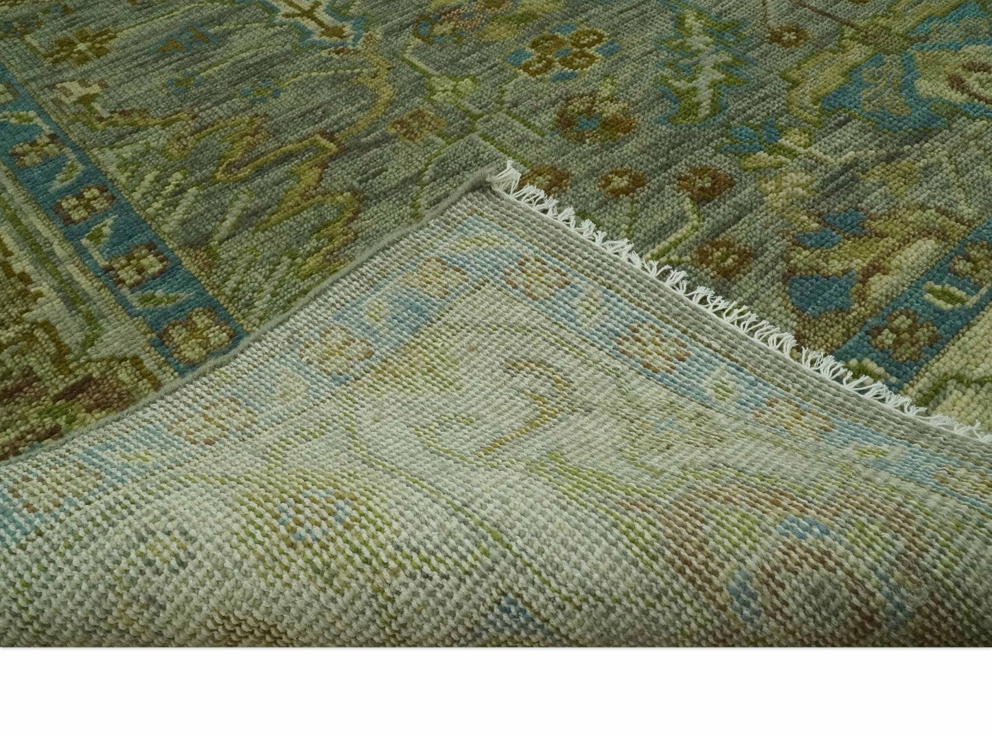Custom Made Green Hand Knotted Antique Design Traditional Oushak wool area rug