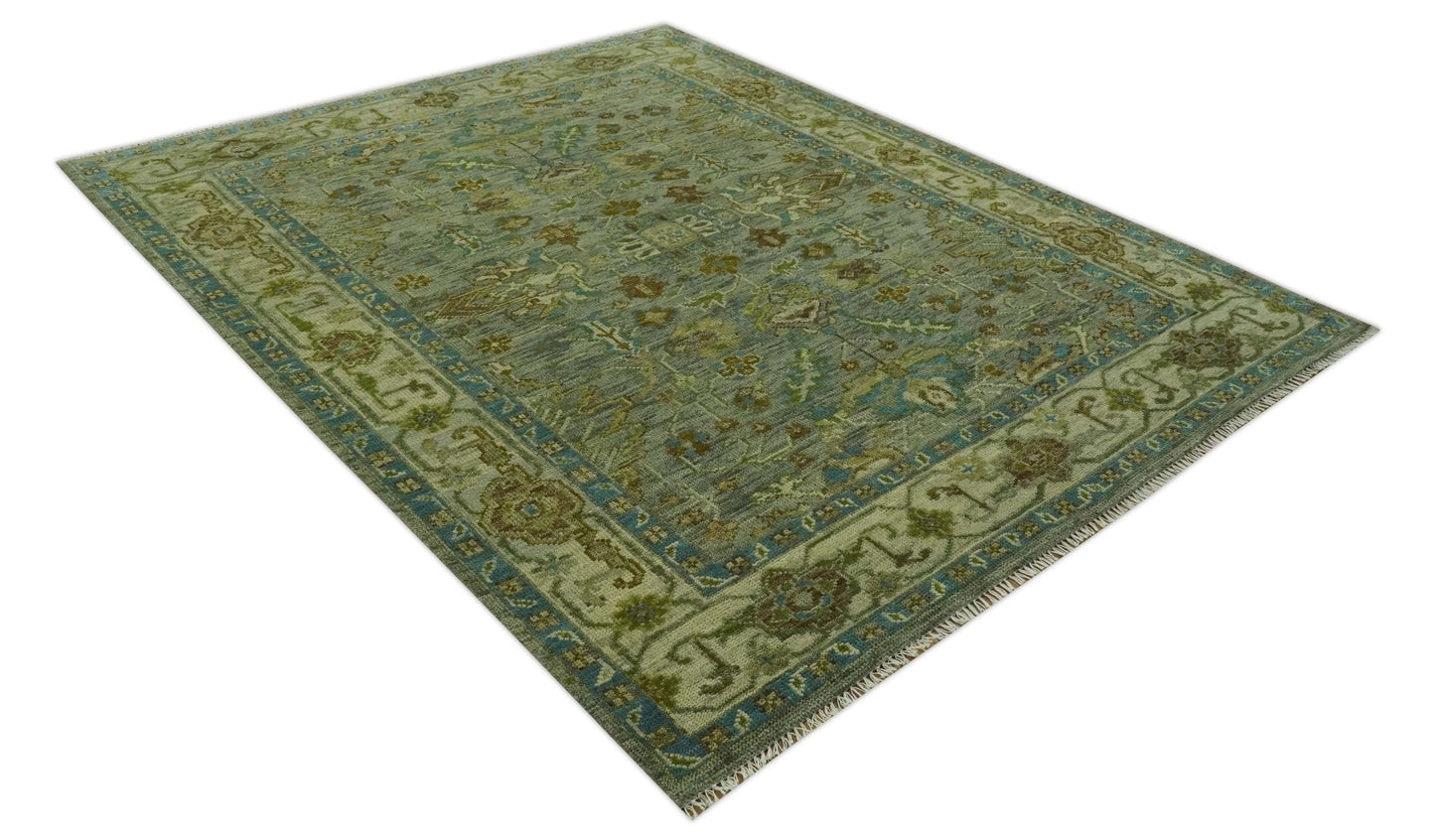 Custom Made Green Hand Knotted Antique Design Traditional Oushak wool area rug