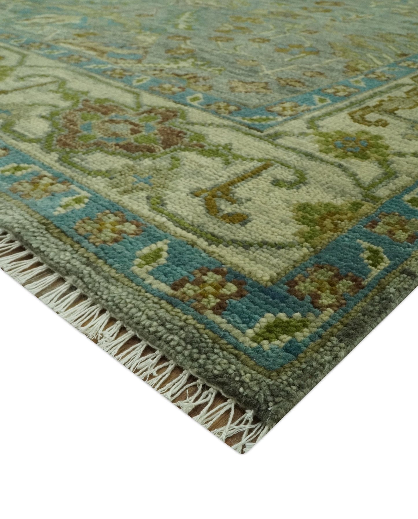 Custom Made Green Hand Knotted Antique Design Traditional Oushak wool area rug