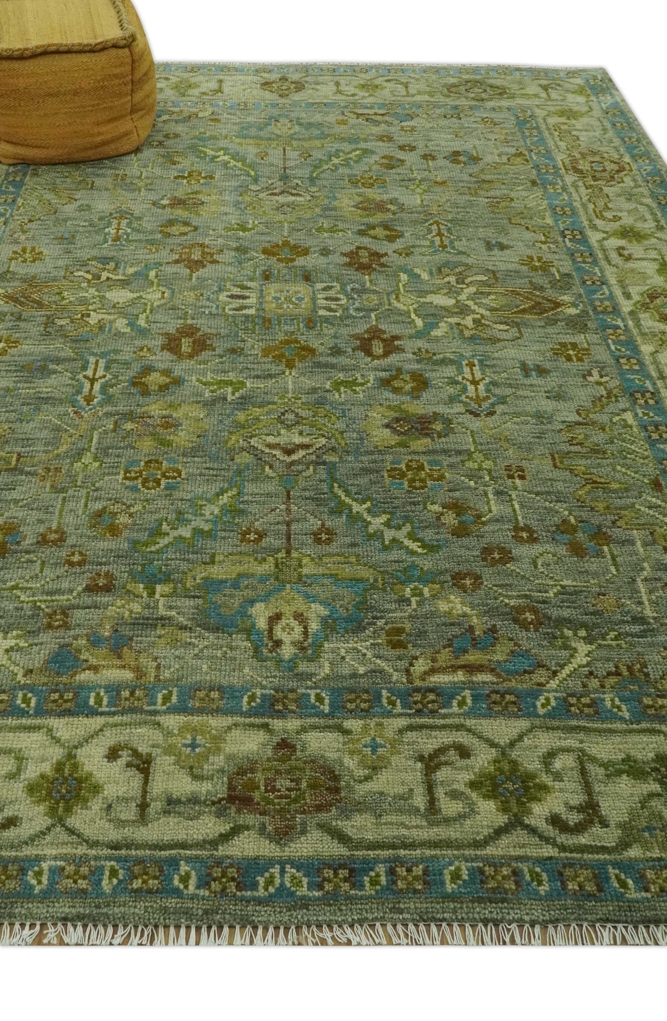 Custom Made Green Hand Knotted Antique Design Traditional Oushak wool area rug