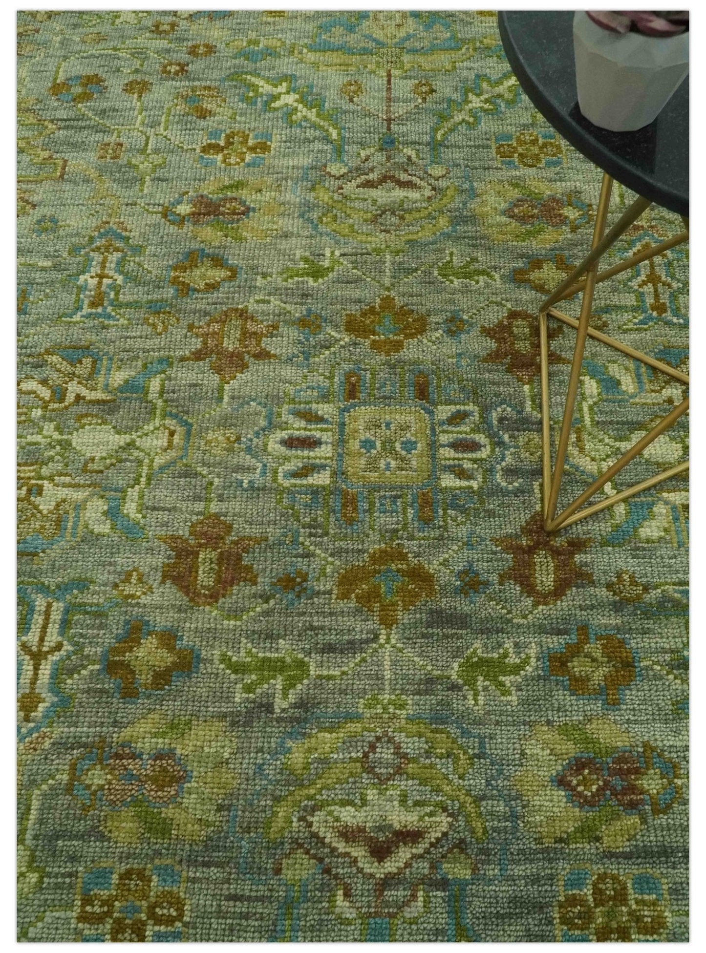 Custom Made Green Hand Knotted Antique Design Traditional Oushak wool area rug