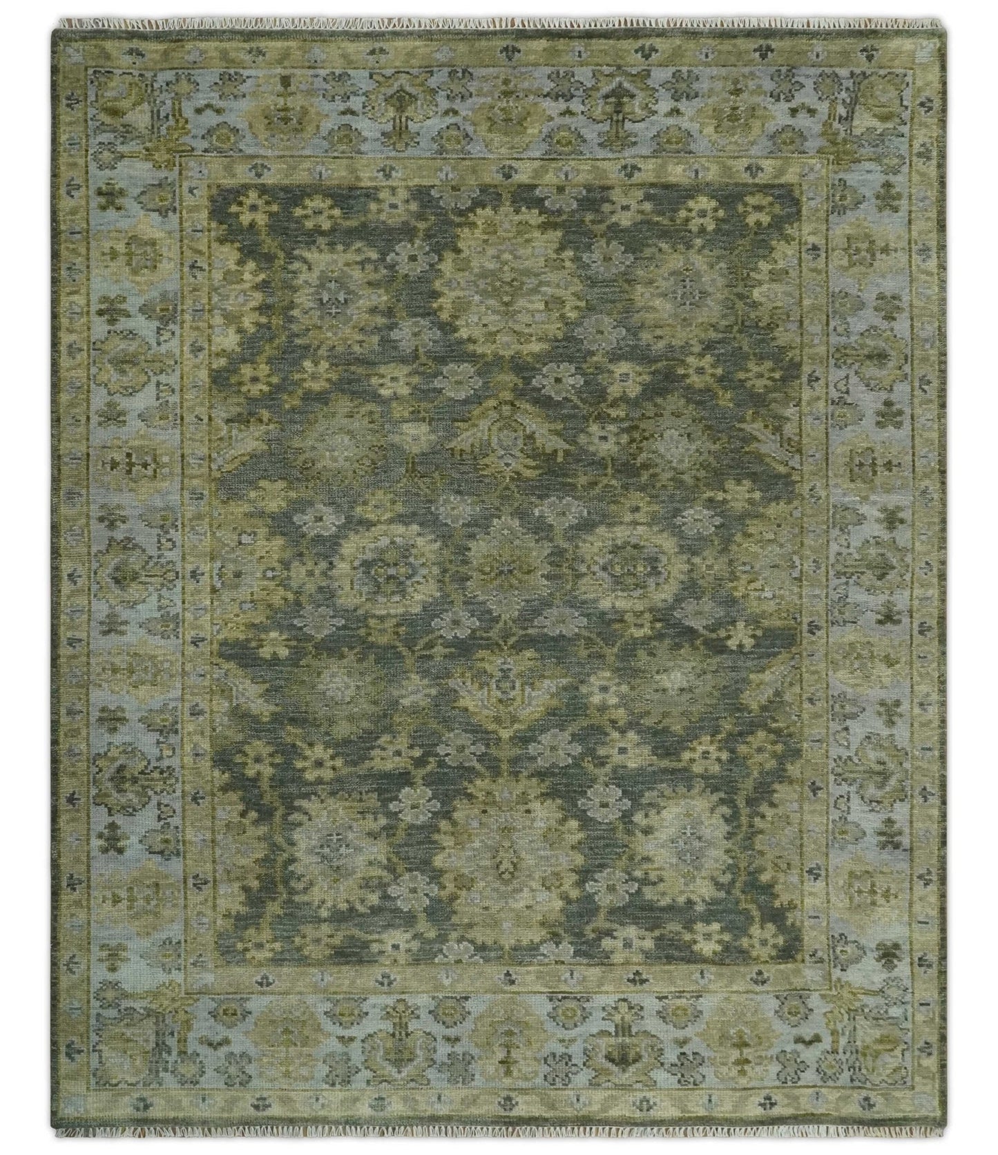 Custom Made Green, Silver and Olive Hand knotted Traditional Oushak Wool Area Rug