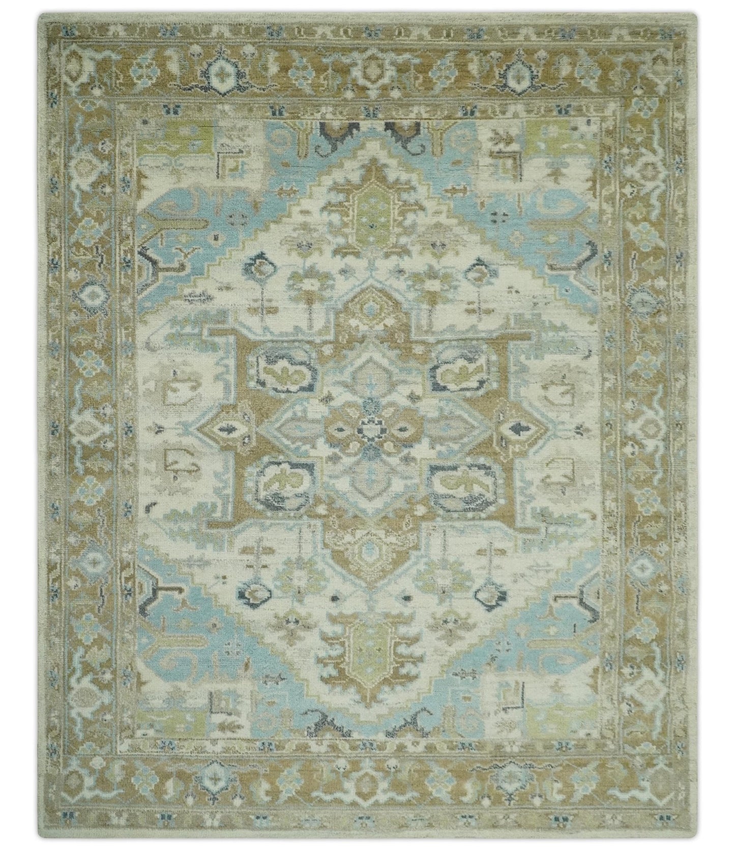 Custom Made Hand Knotted Ivory, Olive and Light Blue Traditional Wool Area Rug