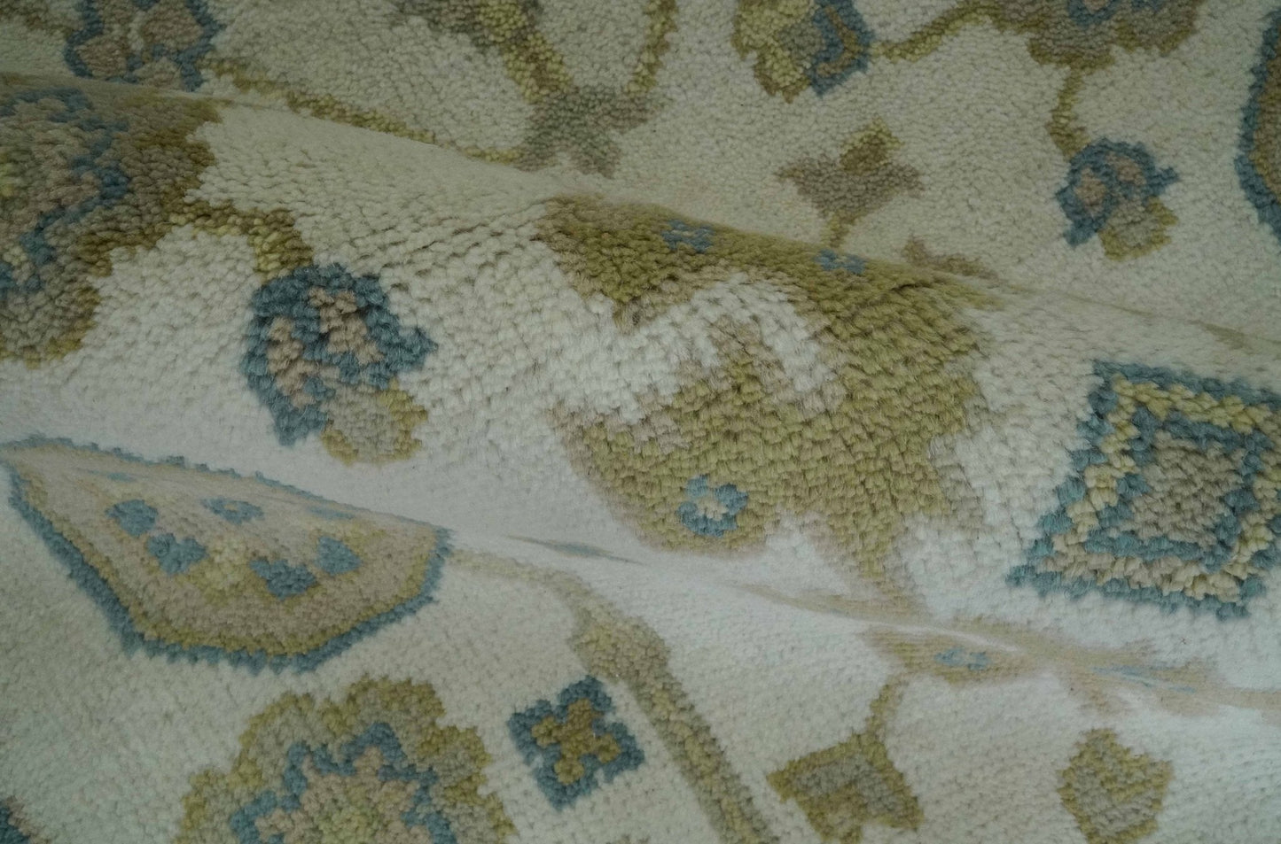 Custom Made Hand Knotted Ivory, Teal and Olive Traditional Oriental Oushak wool rug