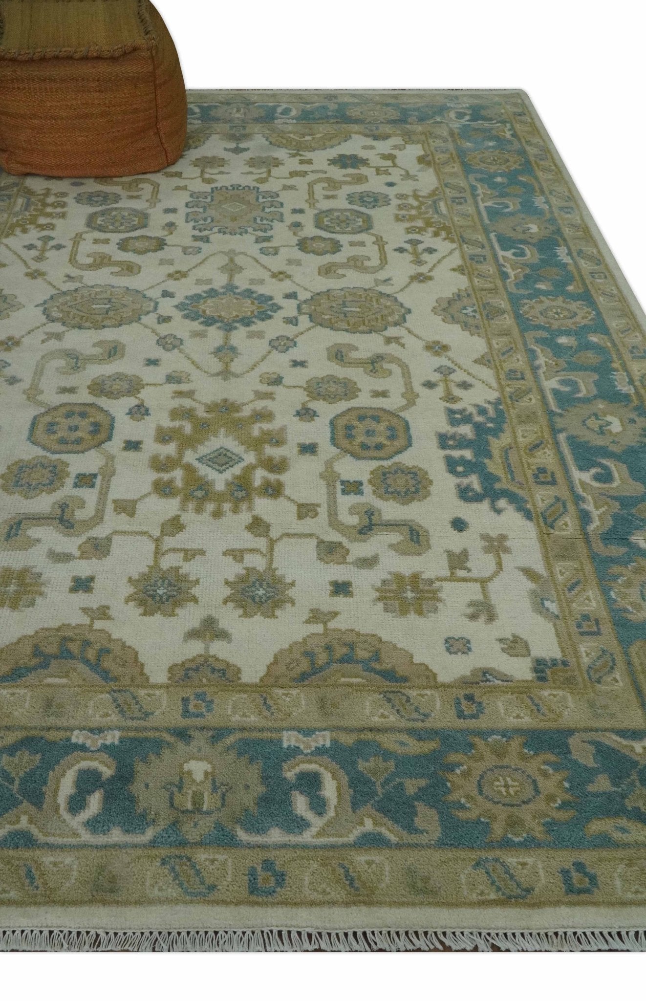 Custom Made Hand Knotted Ivory, Teal and Olive Traditional Oriental Oushak wool rug