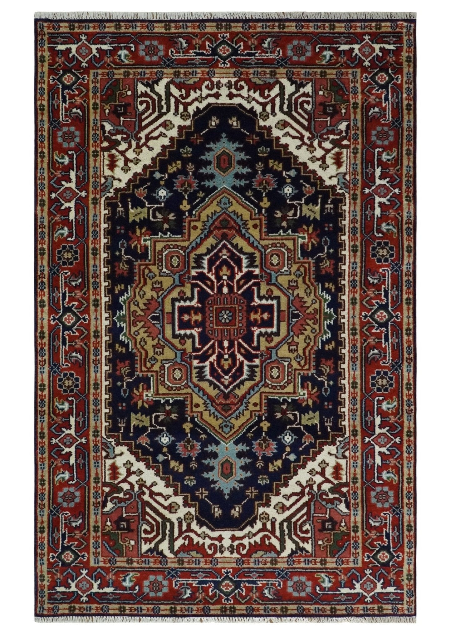 Custom Made Hand Knotted Multi Size Large Olive, Blue, Ivory and Rust Traditional Wool Rug