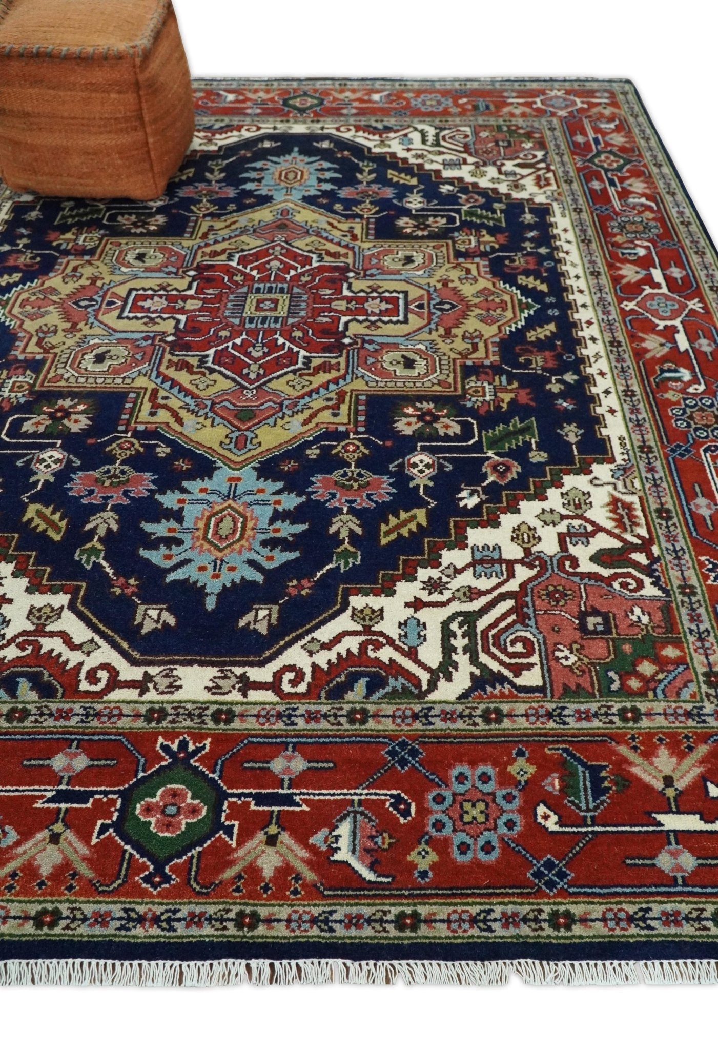 Custom Made Hand Knotted Multi Size Large Olive, Blue, Ivory and Rust Traditional Wool Rug