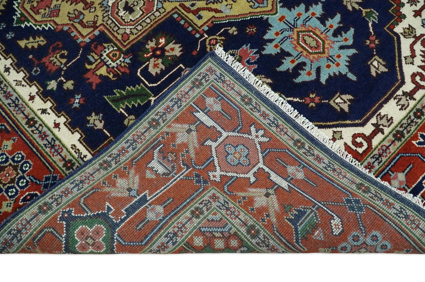 Custom Made Hand Knotted Multi Size Large Olive, Blue, Ivory and Rust Traditional Wool Rug