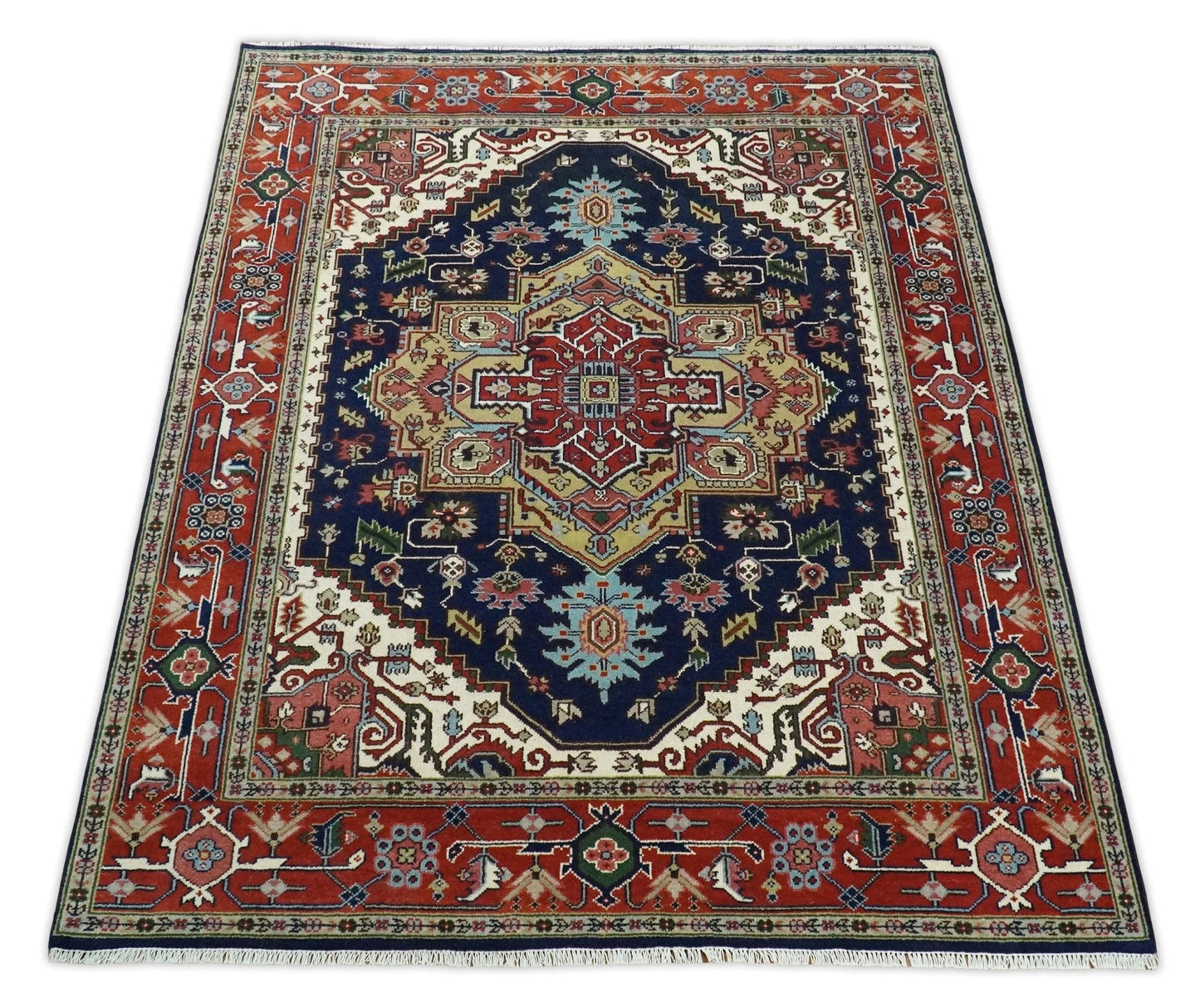 Custom Made Hand Knotted Multi Size Large Olive, Blue, Ivory and Rust Traditional Wool Rug