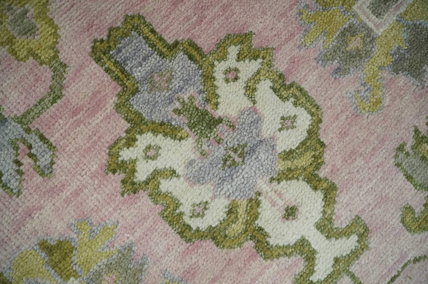 Custom Made Hand Knotted Peach, Ivory and Olive Traditional Style Wool Area Rug