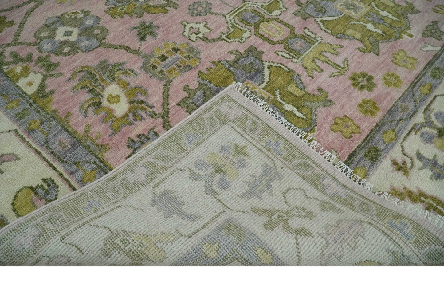 Custom Made Hand Knotted Peach, Ivory and Olive Traditional Style Wool Area Rug