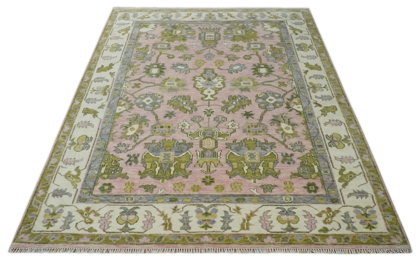 Custom Made Hand Knotted Peach, Ivory and Olive Traditional Style Wool Area Rug