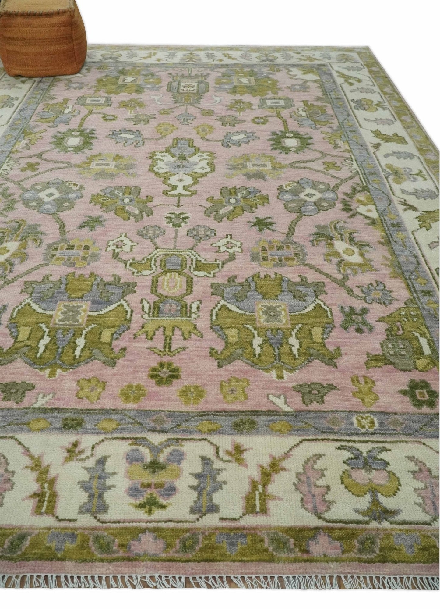 Custom Made Hand Knotted Peach, Ivory and Olive Traditional Style Wool Area Rug