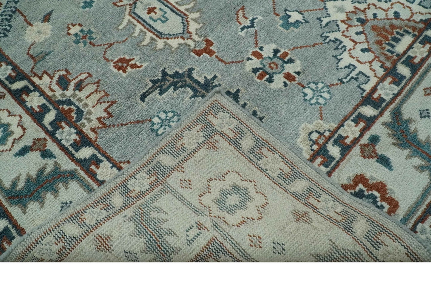 Custom Made Hand Knotted Silver, Teal, Ivory and Brown Traditional Oriental Oushak wool area Rug