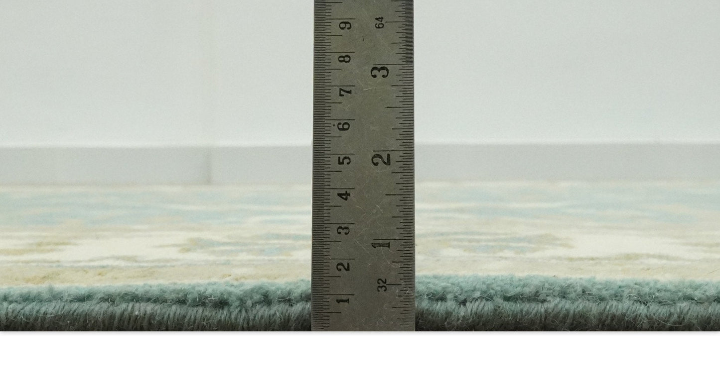 Custom Made Hand Knotted Teal, Ivory and Olive Oriental Oushak wool area rug