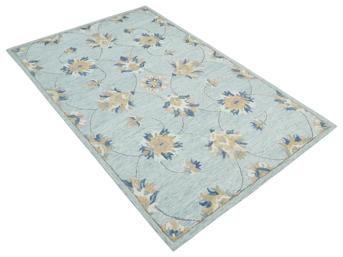 Custom Made Hand Tufted Gray, Peach and Blue Traditional Floral Antique Style Rug