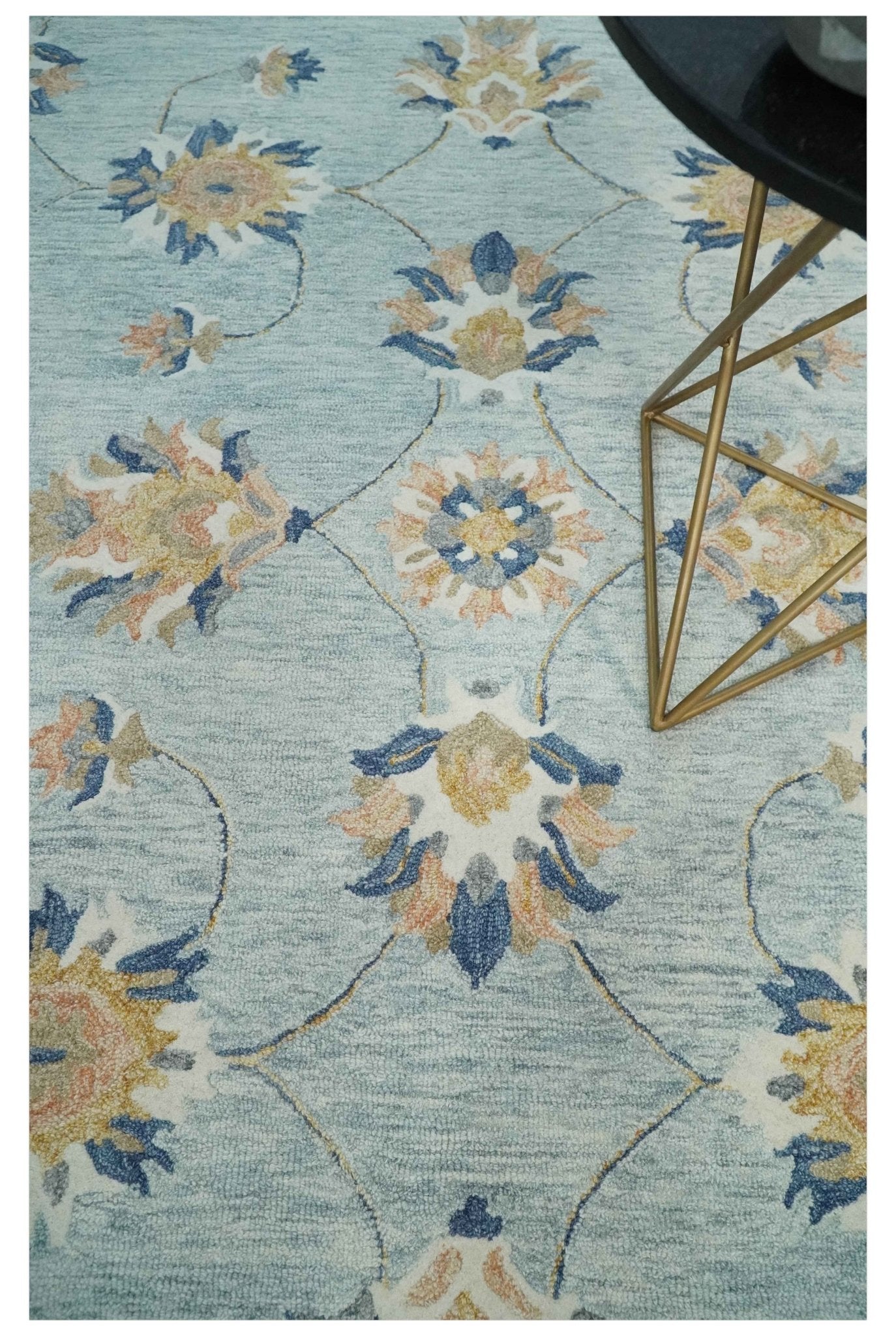 Custom Made Hand Tufted Gray, Peach and Blue Traditional Floral Antique Style Rug