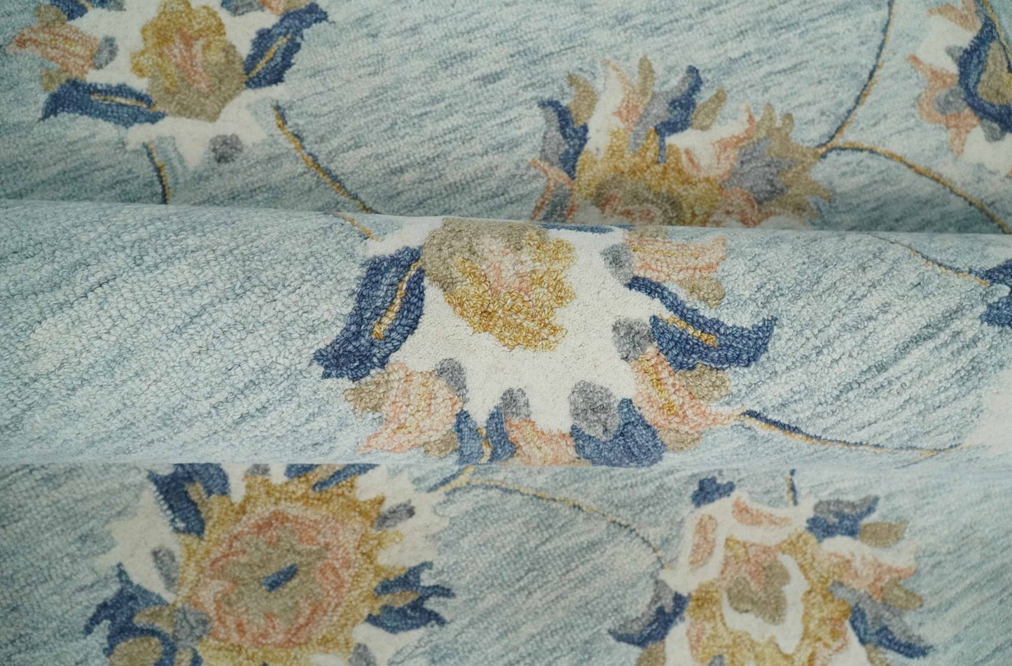 Custom Made Hand Tufted Gray, Peach and Blue Traditional Floral Antique Style Rug