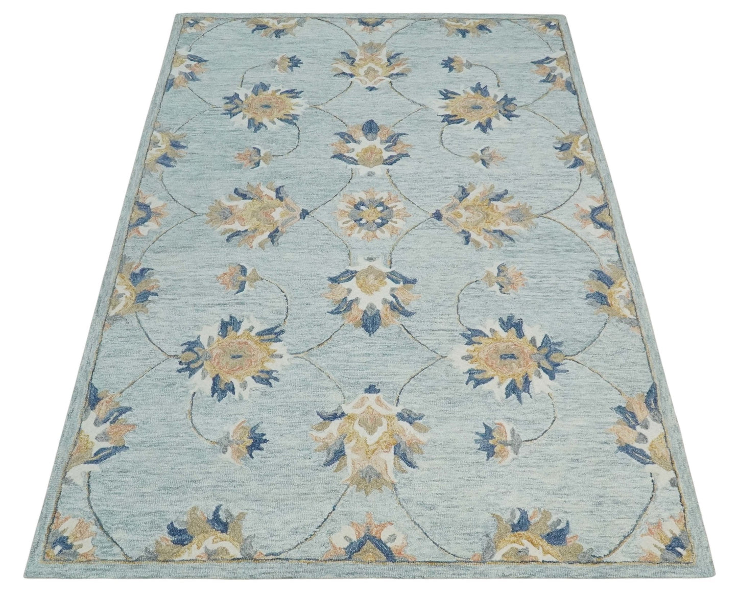 Custom Made Hand Tufted Gray, Peach and Blue Traditional Floral Antique Style Rug