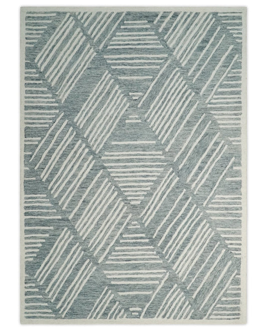 Custom Made Hand Tufted Ivory and Gray Stripes Pattern wool Rug