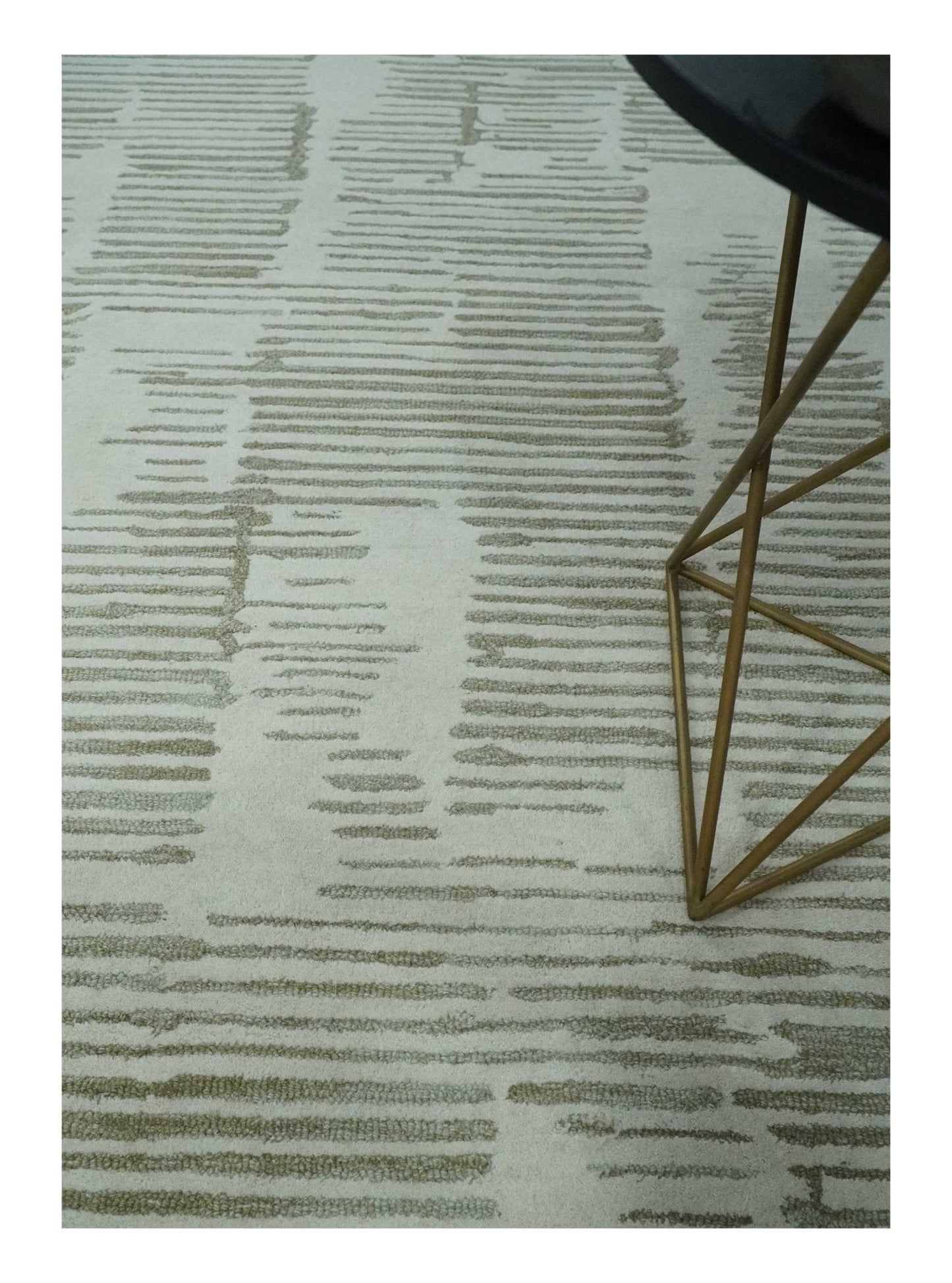 Custom Made Ivory and Olive Modern Stripes Design Hand Tufted wool Area Rug, Kids, Living Room and Bedroom Rug