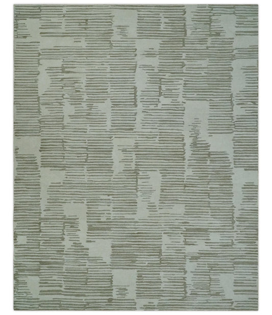 Custom Made Ivory and Olive Modern Stripes Design Hand Tufted wool Area Rug, Kids, Living Room and Bedroom Rug