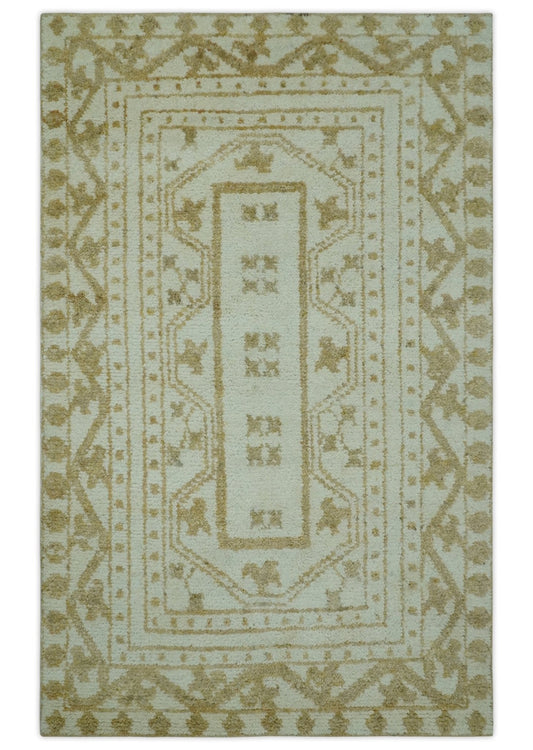 Custom Made Ivory and Olive Traditional Hand Knotted wool Area Rug