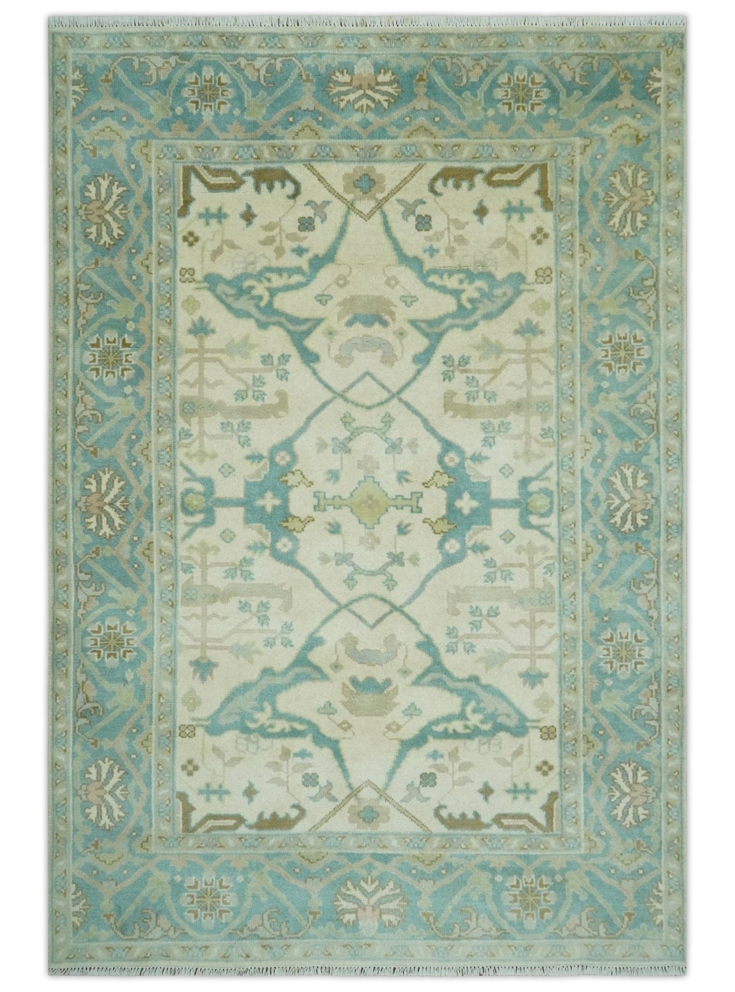 Custom Made Ivory and Teal Hand Knotted Traditional Oriental Oushak wool rug