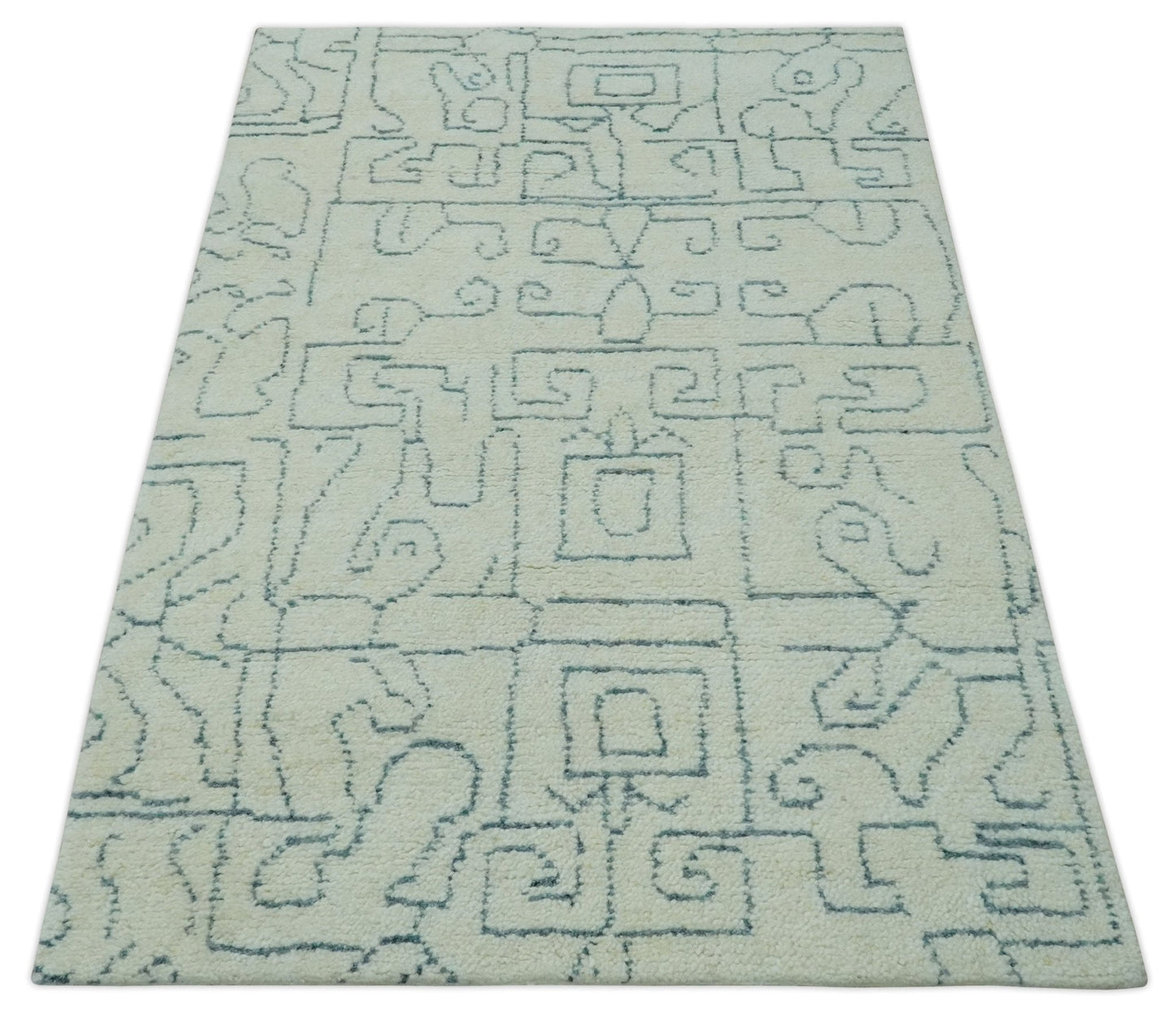 Custom Made Ivory, Beige and Gray Maze Design Hand knotted wool Area Rug