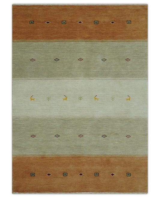 Custom Made Ivory, Beige and Rust Geometrical stripes Design Hand loom Wool Area Rug