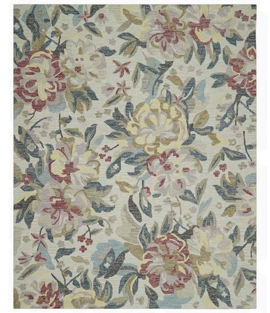 Custom Made Ivory, Charcoal and Olive Floral Design Colorful Hand Tufted wool rug