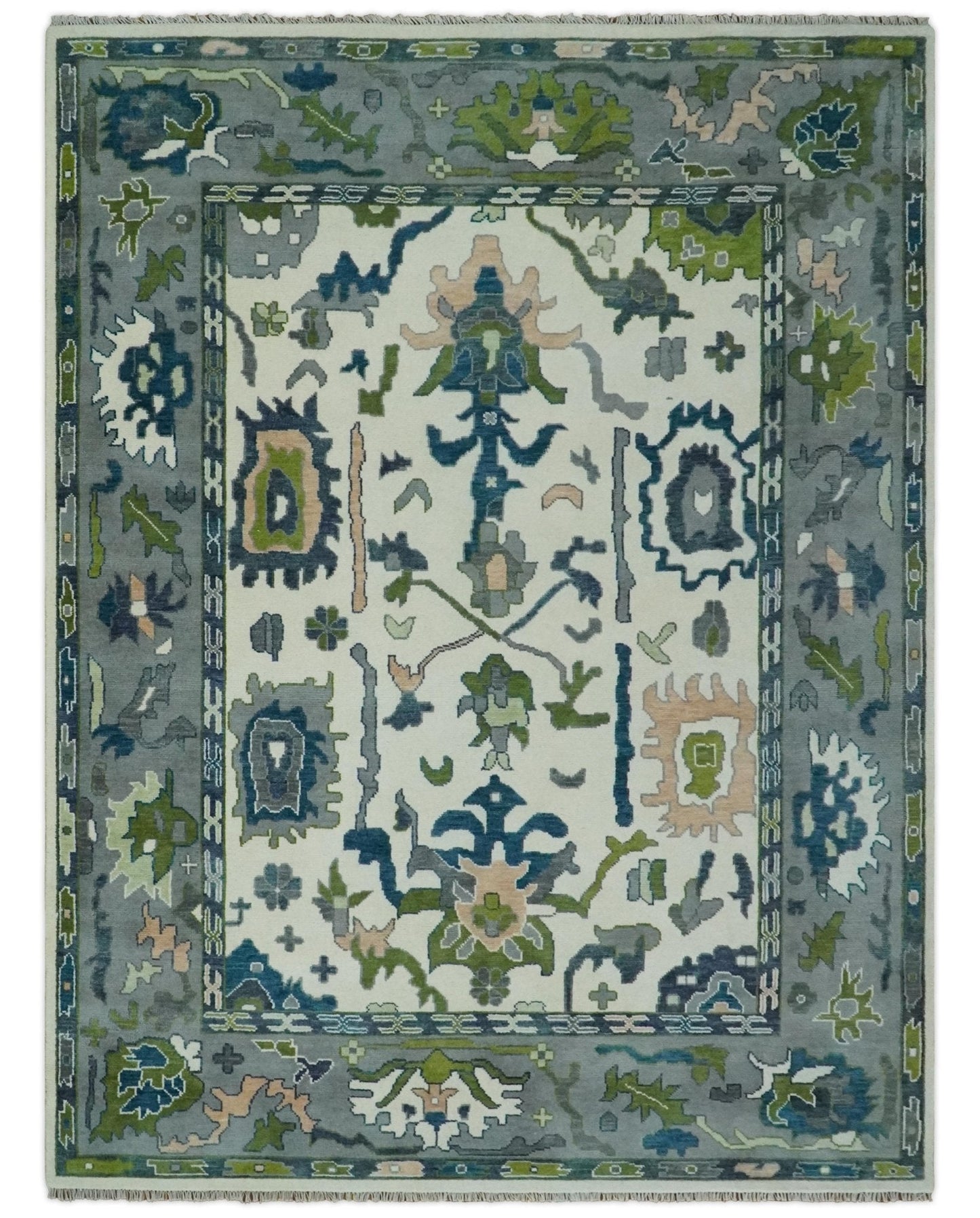 Custom Made Ivory, Gray and Green Hand knotted Traditional Oushak Wool Area Rug