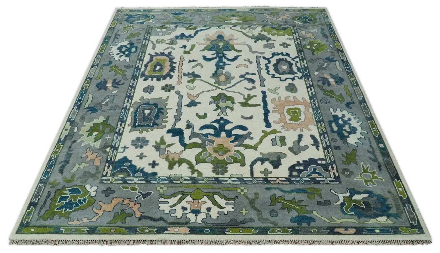 Custom Made Ivory, Gray and Green Hand knotted Traditional Oushak Wool Area Rug