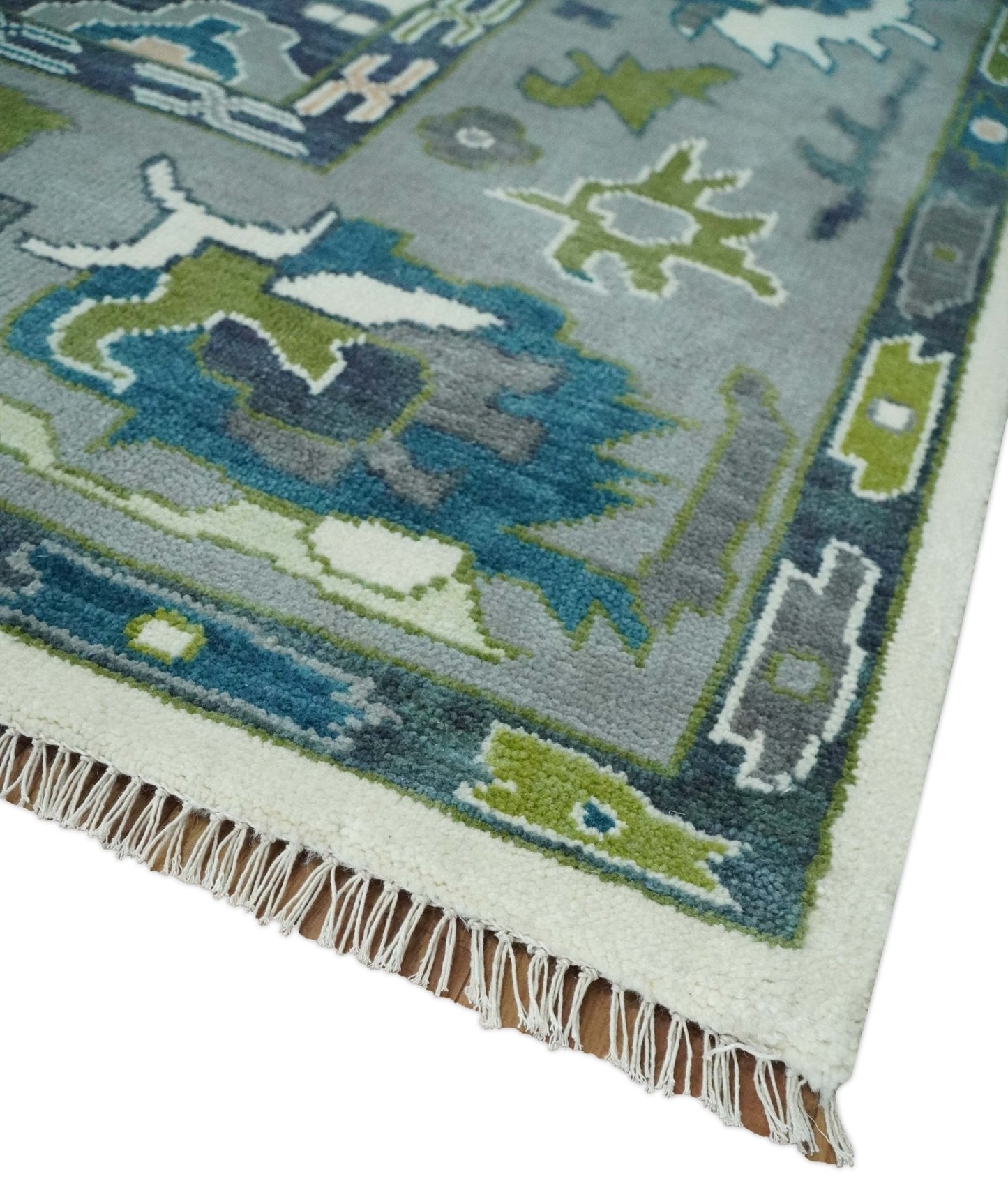 Custom Made Ivory, Gray and Green Hand knotted Traditional Oushak Wool Area Rug