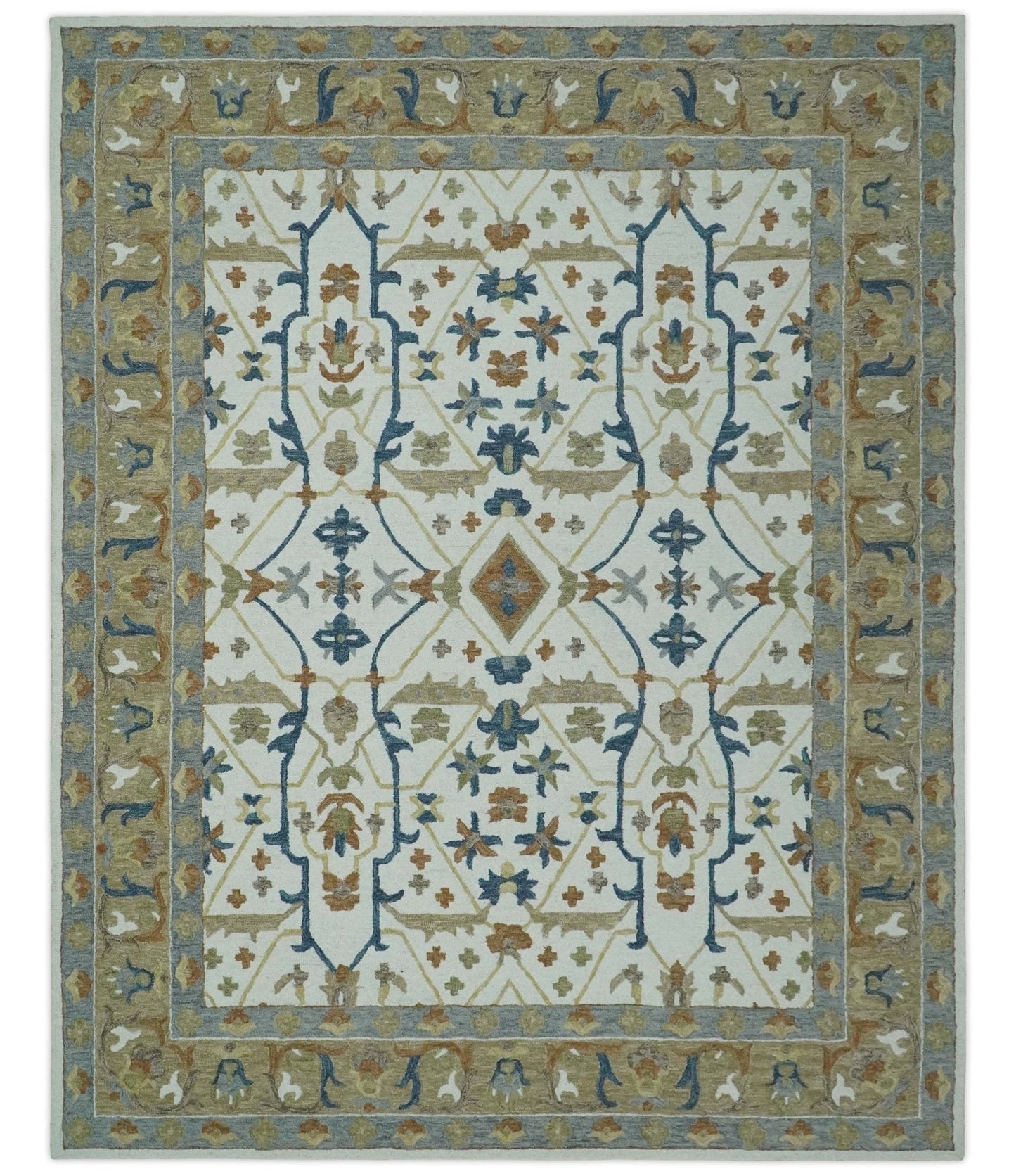 Custom Made Ivory, Olive and Blue Oriental Hand Tufted wool Area Rug