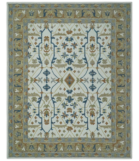 Custom Made Ivory, Olive and Blue Oriental Hand Tufted wool Area Rug