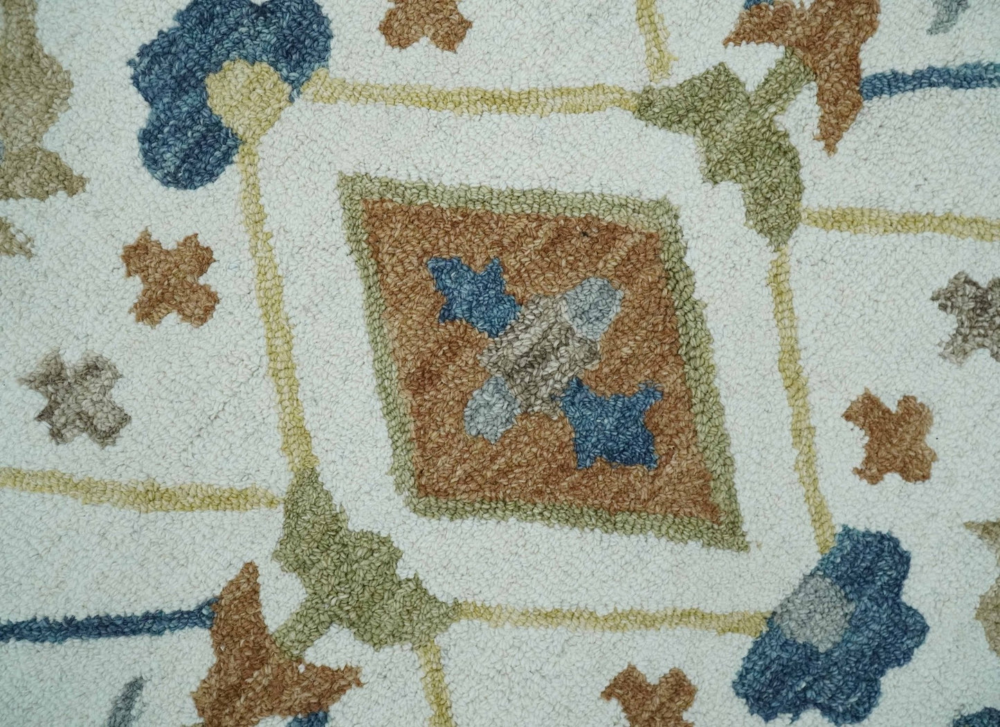 Custom Made Ivory, Olive and Blue Oriental Hand Tufted wool Area Rug