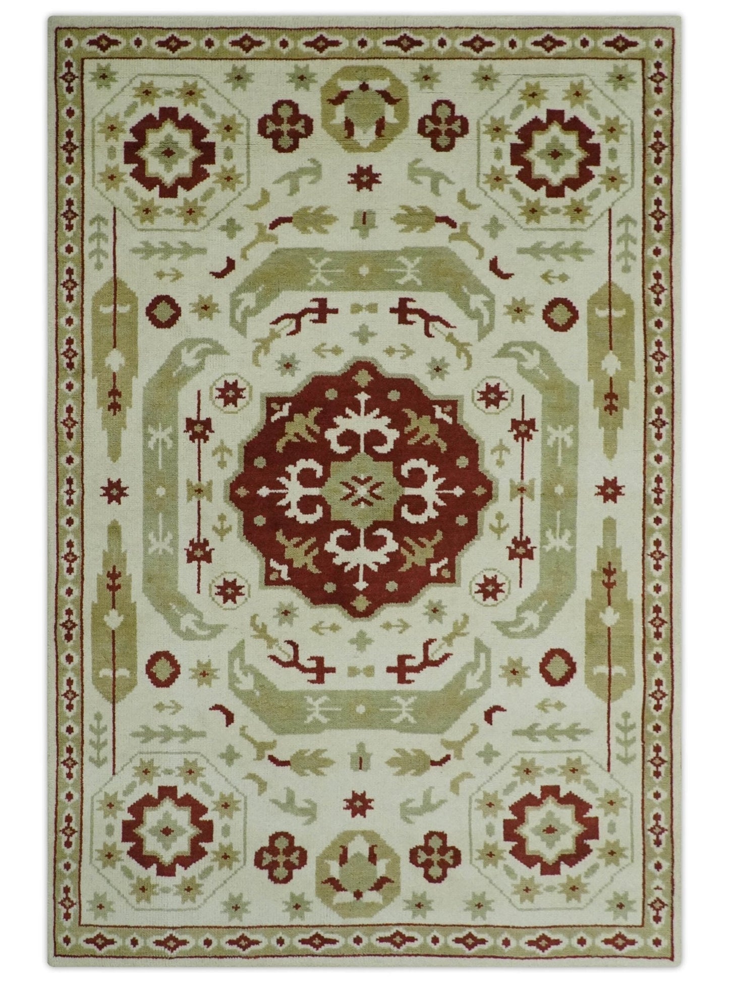 Custom Made Ivory, Olive and Maroon Traditional Medallion Mamluk Design wool Rug