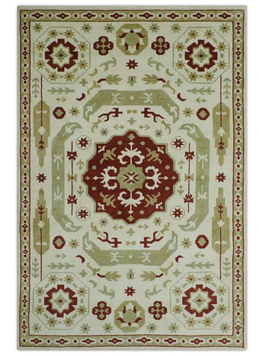 Custom Made Ivory, Olive and Maroon Traditional Medallion Mamluk Design wool Rug