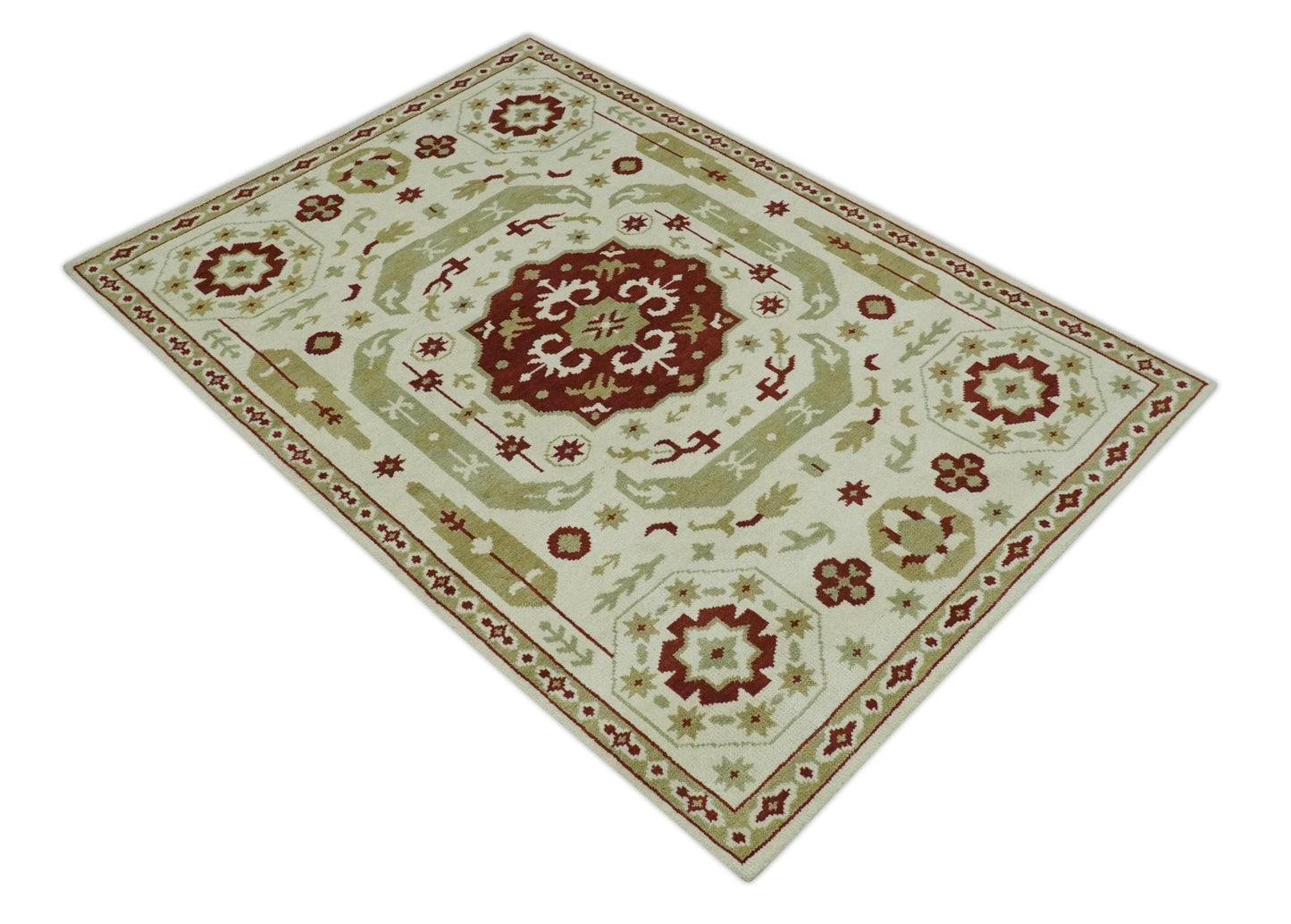 Custom Made Ivory, Olive and Maroon Traditional Medallion Mamluk Design wool Rug